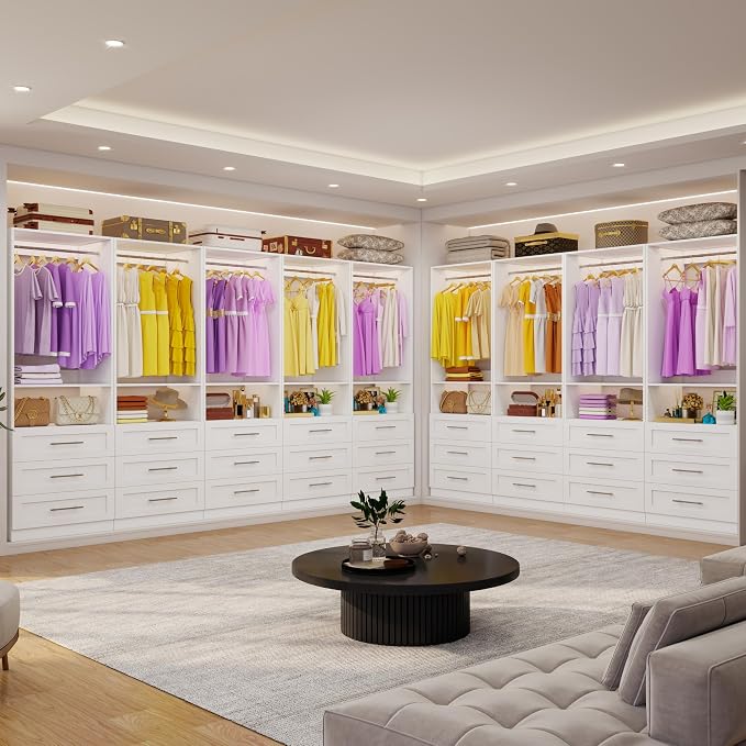 Closet System Set of 3, Closet System with 9 Drawers, 6 Rods & 3 Shelves, 6-15FT Walk in Modular Closet Organizer System, DIY Custom Built in Wood Closet Organizer Kit, White