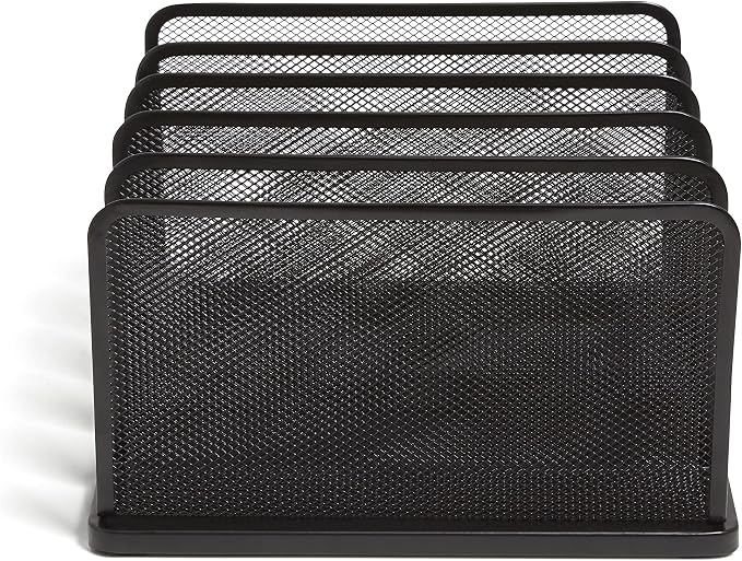 TRU RED Wire Mesh File Organizer, 5‑Compartment, Matte Black – Vertical Desktop Sorter for Files, Folders & Mail