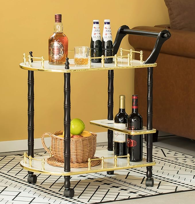 Serving Bar Cart Tea Trolley, 2 Tier Shelves on Rolling Wheels, Mobile Liquor Bar for Wine Beverage Drink Dinner Party, Utility Kitchen Storage Island Coffee Cabinet for Dining Living Room, Wood White
