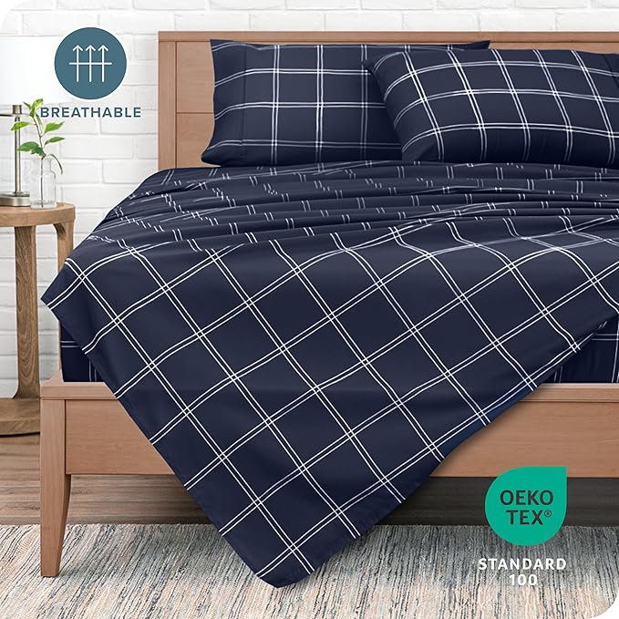 Bare Home Twin XL Sheet Set - Luxury 1800 Ultra- Soft Double Brushed Microfiber - Deep Pockets - Easy Fit - 3 Piece Bedding Sheet Set Bedding Sheets(Twin XL, Modern Plaid - Midnight/White)