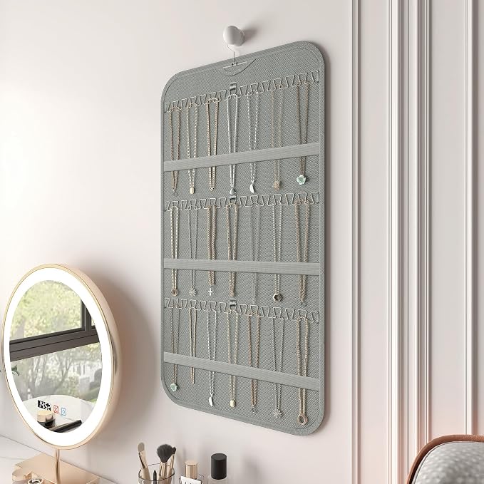 Double-Sided Hanging Jewelry Organizer for Necklaces Earrings, 1-Pack, Grey | Foldable 36 hooks & 40 clear pockets; swivel hook fits walls, doors & rods for earrings, bracelets, rings & small jewelry