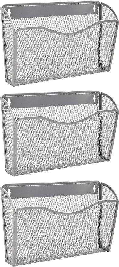EASEPRES 3 Single Pocket Mesh Hanging File Organizer, Vertical Wall Mounted Magazine File Holder, Mount Basket Mail Paper Document Folder Organizing for Office, Home and School, Silver