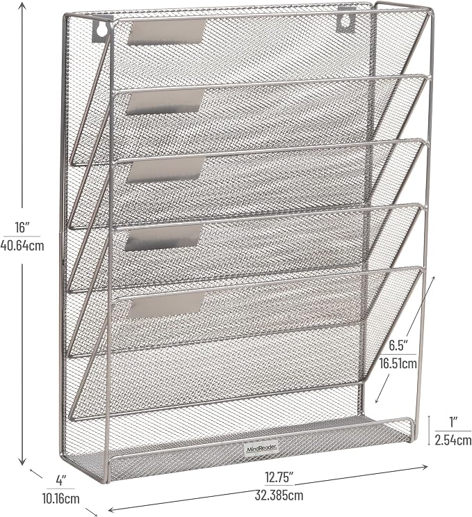 Mind Reader 5-Pocket Vertical File Storage, Desktop Organizer, Wall Mount, Office, Metal Mesh, Silver