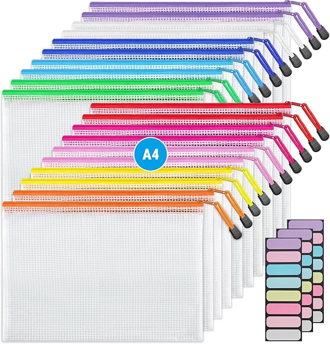 JARLINK 20 Pack 10 Colors Zipper Mesh Document Pouch, Letter Size/A4 Size, Plastic Water-Resistant File Bags, for School Office Supplies Cosmetics Travel Storage, Assorted Color