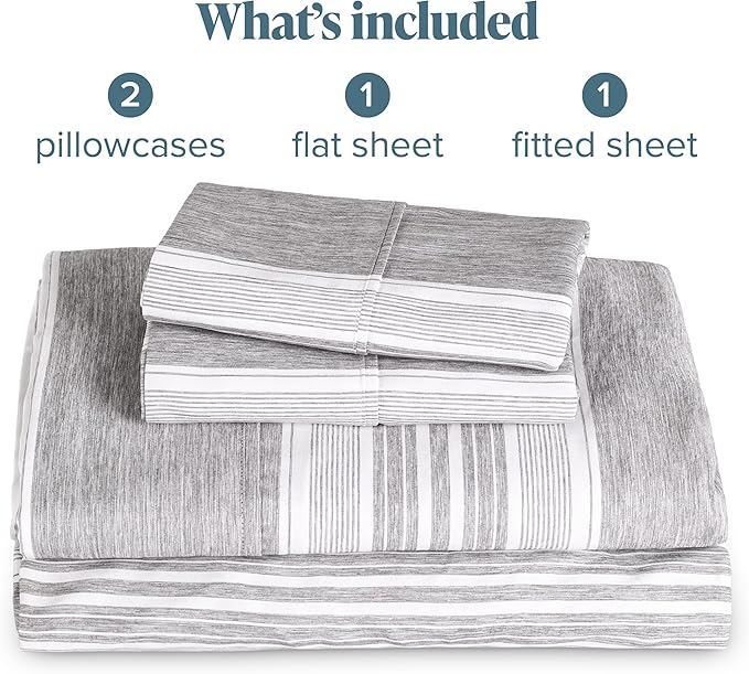 Bare Home Full XL Sheet Set - Luxury 1800 Ultra-Soft Microfiber Full Extra Long Sheets - Double Brushed - Deep Pockets - Easy Fit - 4 Piece Set (Full XL, Heathered Charcoal - Stripe)