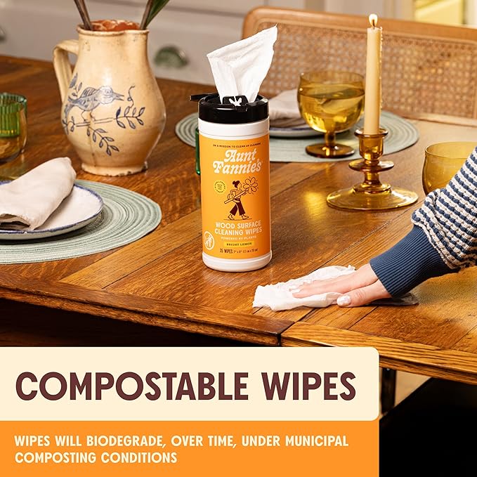 Aunt Fannie's Wood Surface Cleaning Wipes, Multipurpose Wood Surface Cleaner for Cabinets, Furniture, and Floors, Lemon Scent, 35 Count (Pack of 1)