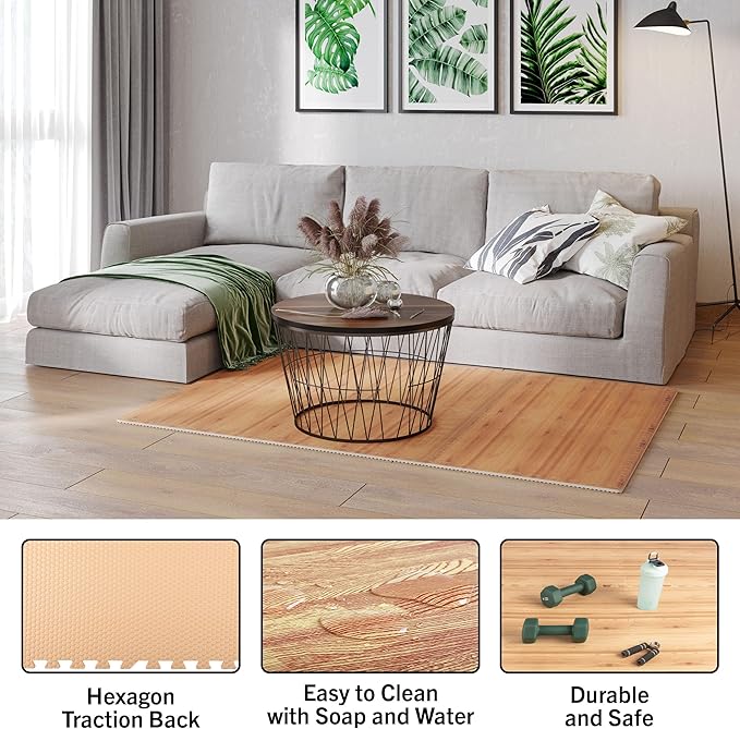 EVA Foam Floor Tiles 24-Pack - 96SQFT Puzzle Mats for Floor - Interlocking Foam Tiles for Family Room or Gym Flooring by Stalwart (Light Woodgrain)