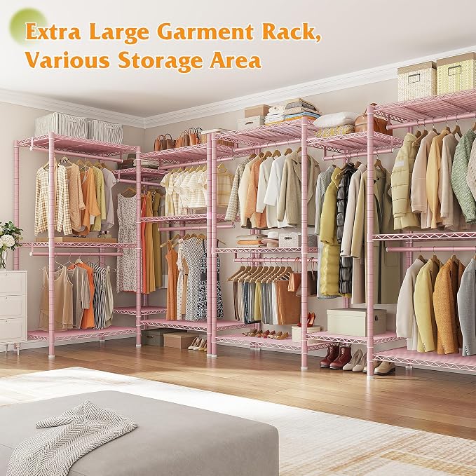 Raybee Clothes Rack, Clothing Racks for Hanging Clothes, L Shaped Clothing Rack for Corner 900LBS Heavy Duty Clothes Rack Garment Rack 74.5" W X 18" D X 77" H, Pink