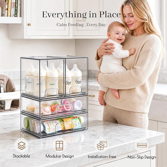TIPGO Clear Stackable Storage Drawers, Baby Bottle Organizer, Easily-Access Makeup Organizer, Durable Containers for Bathroom Countertop, Cabinet, Pantry and Medicine Organization