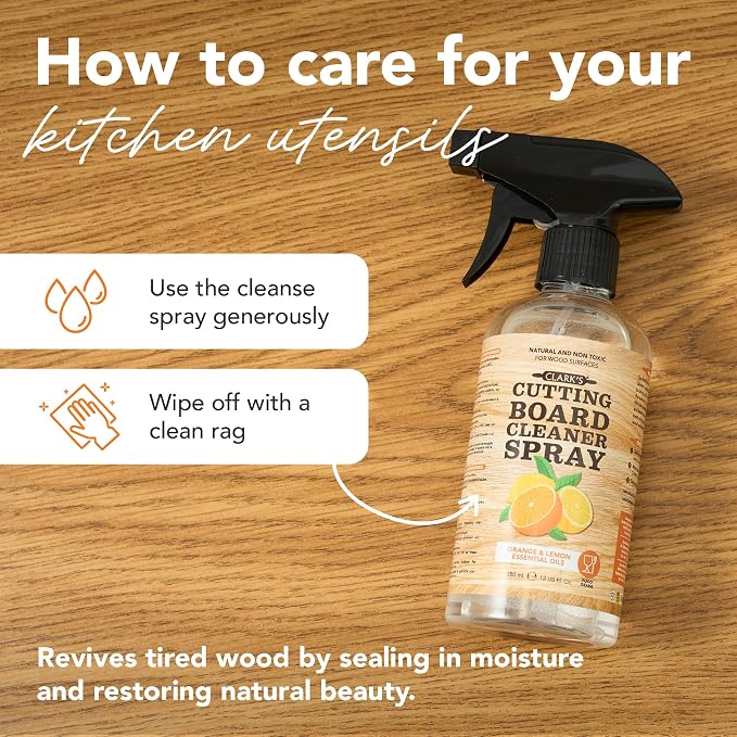 CLARK'S Natural Cutting Board Spray Cleaner with Microfiber Cloth,12oz (Pack of 2) - for Wood Countertop - Filtered Water, Distilled Vinegar, Castile Soap, Lemon & Orange Citrus Oil Extracts
