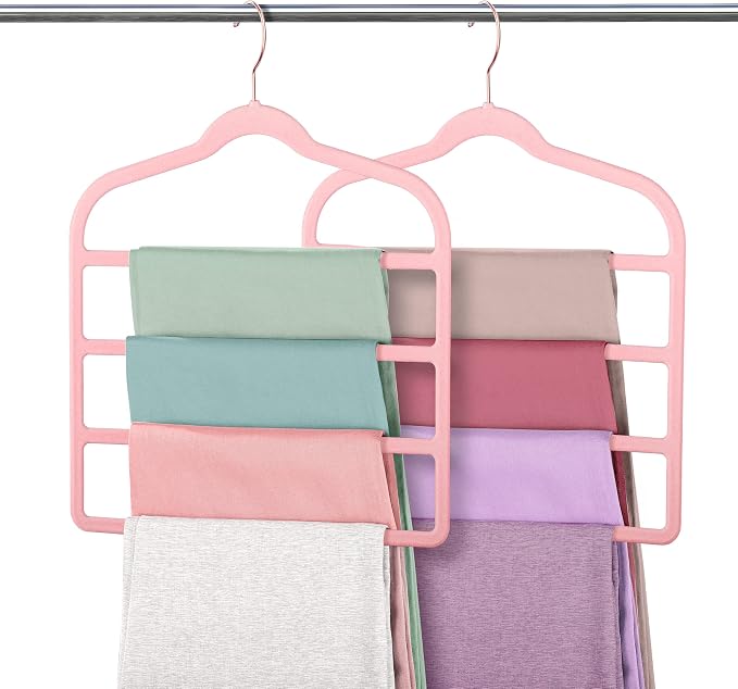 Velvet Pants Clothes Hanger Space Saving Non Slip Pants Shorts Hanger, Myfolrena Jeans Slack Trousers Hangers Multiple Velvet Hanger Closet Storage and Organization for Jeans,Scarf,Tie(Pink, 3)