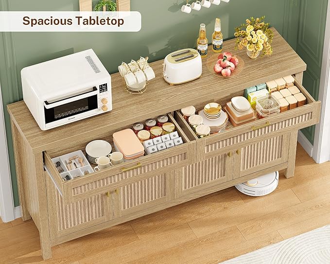 usikey 63" Buffet Cabinet with Storage, 2 Adjustable Shelves and 2 Drawers | Large Sideboard Cabinet, Modern Fluted Coffee Bar for Kitchen, Living Room, Natural
