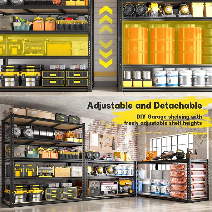 48" W Garage Shelving Heavy Duty 3080LBS Garage Storage Shelving, 5 Tier Adjustable Metal Shelving Unit Utility Rack Shelf for Warehouse, Pantry, Closet, Kitchen 72" H x 48" W x 24" D,Industrial，Black