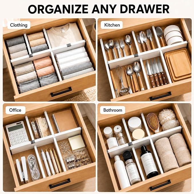 Adjustable Drawer Dividers, 1 Pack, Expandable 14.7–21” Drawer Divider Organizer with Non-Slip Ends for Kitchen, Dresser, Closet & Bathroom