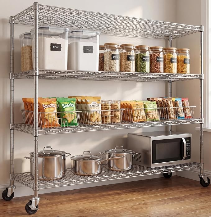 Chrome Storage Shelves with Wheels 55.5" W Garage Shelving Heavy Duty 4 Tier Adjustable Wire Shelving Unit Metal Shelving for Garage Pantry Commercial Basement,55.5" Wx24 Dx76 H 3Pack