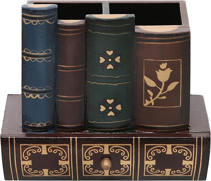 MyGift Decorative Desk Organizer Pen and Pencil Holder with Storage Drawer | Antique Library Book Design stationery storage writing tools caddy drawer compartment classroom workspace accessory supplies
