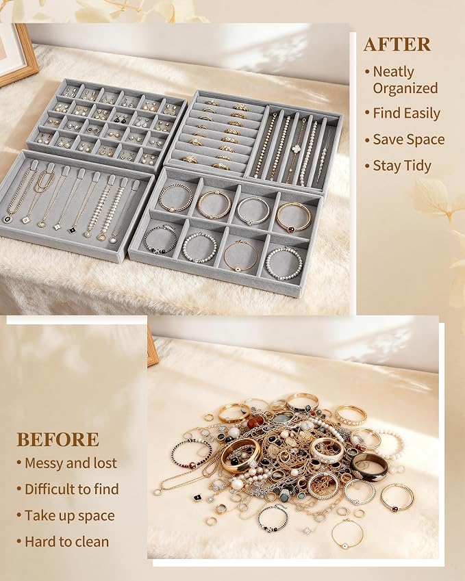 Velvet Jewelry Drawer Organizer Tray Set, 4-Layer Stackable Storage with Removable Dividers for Earrings Rings Necklaces Bracelets (Grey, 4 Layers)