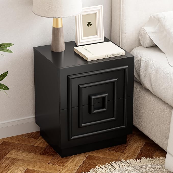 Aoikax Modern 2-Drawer Nightstand, Sculptural Rustic Nightstand with Geometric Square Pattern, Contemporary Accent End Table, Black
