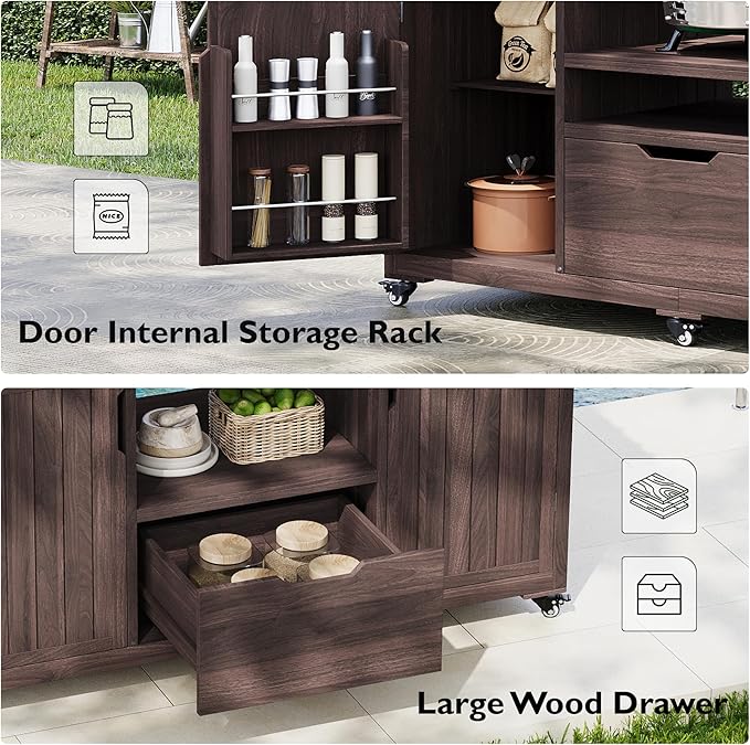 Amposei Outdoor Grill Cart Table for Large Big Green Egg Accessories 66.5’’ Solid Wood Kitchen Storage Island Prep Station with Stainless Steel Top for BBQ, Dark Brown