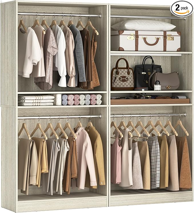Unikito 72'' Closet System with 4 Hanging Rods, Walk-in Clothing Organizer, 2-Piece Wood Garment Rack for Bedroom, White Oak