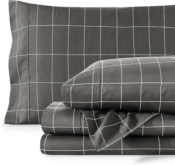 Bare Home California King Sheet Set - Luxury 1800 Ultra- Soft Double Brushed Microfiber - Deep Pockets - Easy Fit - 4 Piece Bedding Sheet Set (California King, Grid - Grey/White)