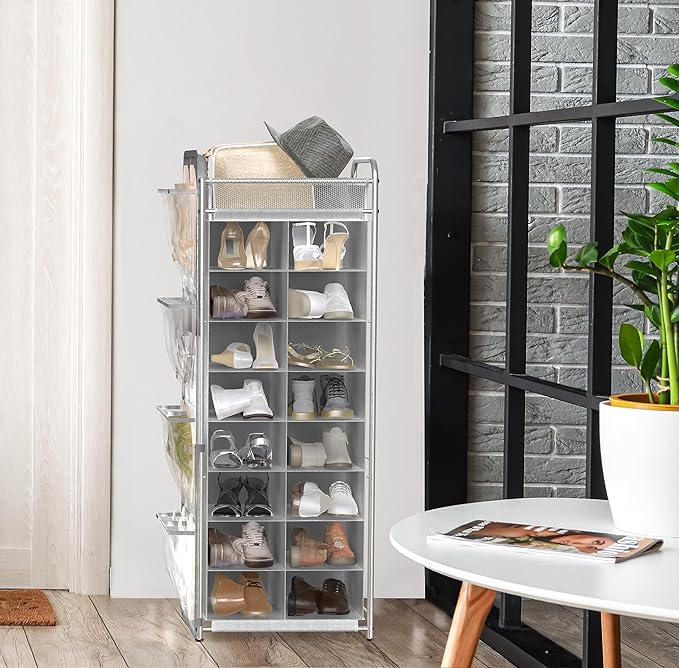 Simple Houseware 16 Cube Shoe Stand Tower Rack 8 Tier, Gray | Top Shelf and Side Hanging Pockets
