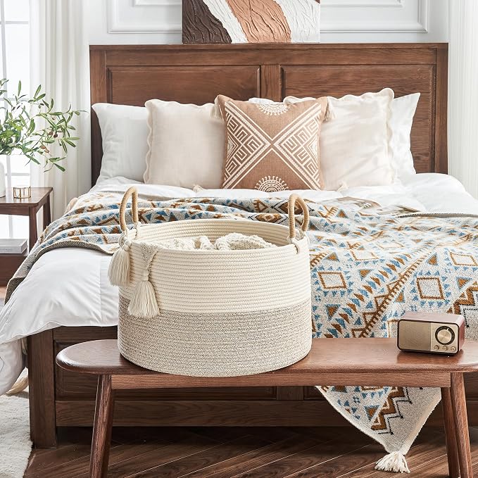 KAKAMAY Large Blanket Basket 20"x13", Cotton Rope Woven Laundry Storage Basket, Baskets for Toy,Stuffed Animal Storage, Dog,Toy Box, Gift Basket for Living Room Nursery Baby Hamper (Beige)