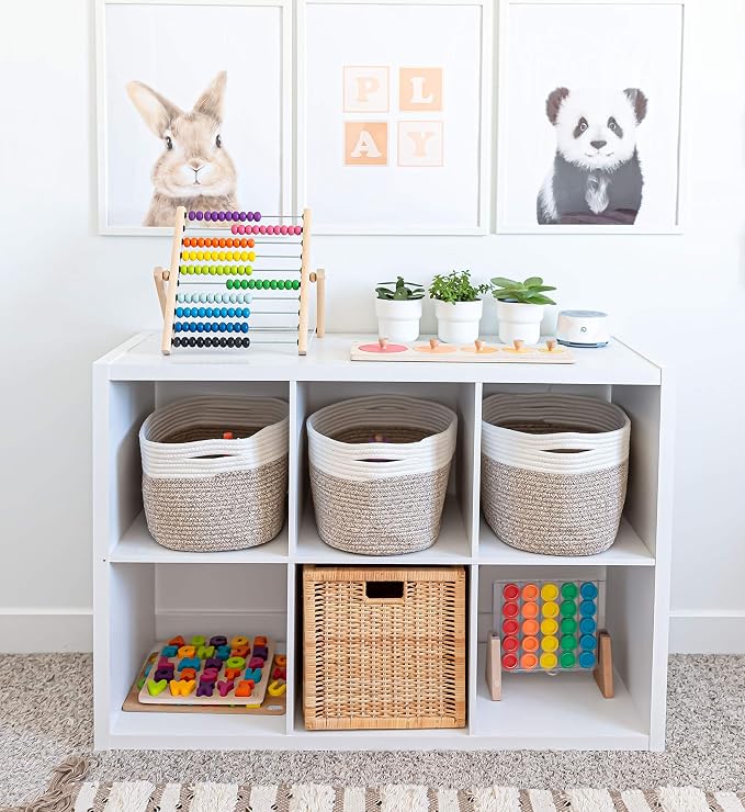 Brown Cotton Rope Baskets for Shelves, Set of 3 - 15"×10"×9½" - Woven Storage Baskets for Organizing - Closet, Nursery, Bedroom, Playroom - Toys, Books, Towels, Clothes