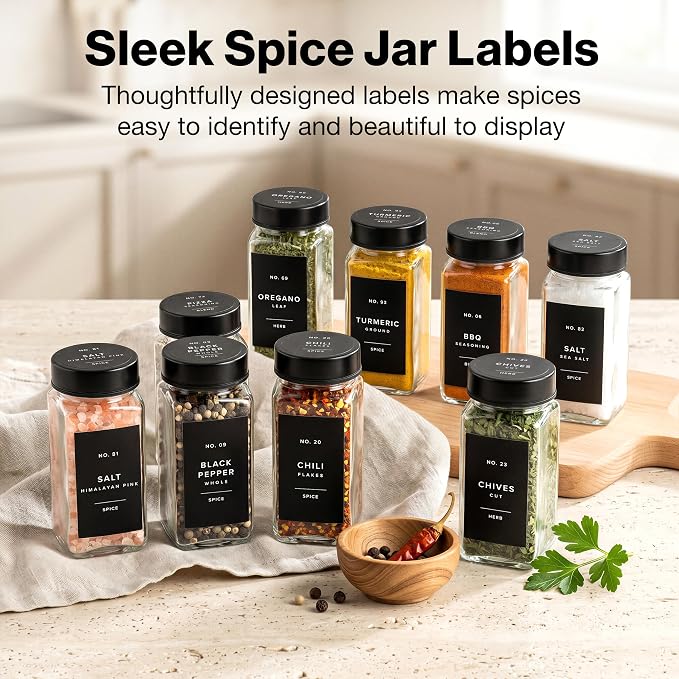 Minimalist Spice Jar Labels Self-Adhesive - 240 Stickers for Spice Jars, Spice Jars & Drawers, Round & Rectangular, Waterproof Spice Organiser Labels for Kitchen Organisation (Black)