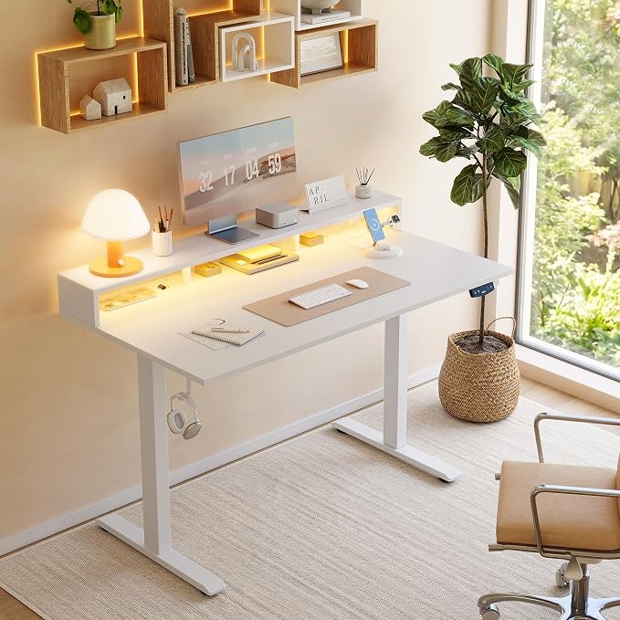 Klicelor Electric Standing Desk with Shelf, 55 Inch Height Adjustable Desk with Power Outlets & LED, Sit Stand Up Table with Monitor Stand, Computer Workstation for Home Office, White
