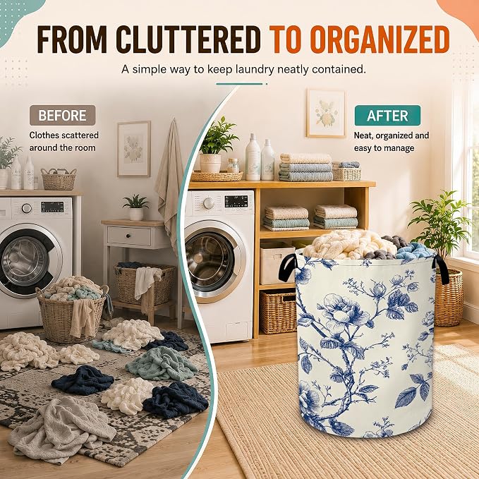Vintage Blue Flowers Laundry Basket,Botanical Floral Foldable Oxford Laundry Hamper with Handles,Portable Clothes Tote Bag Clothes Storage Bucket Organizer For Bathroom/Laundry Storage/Bedroom