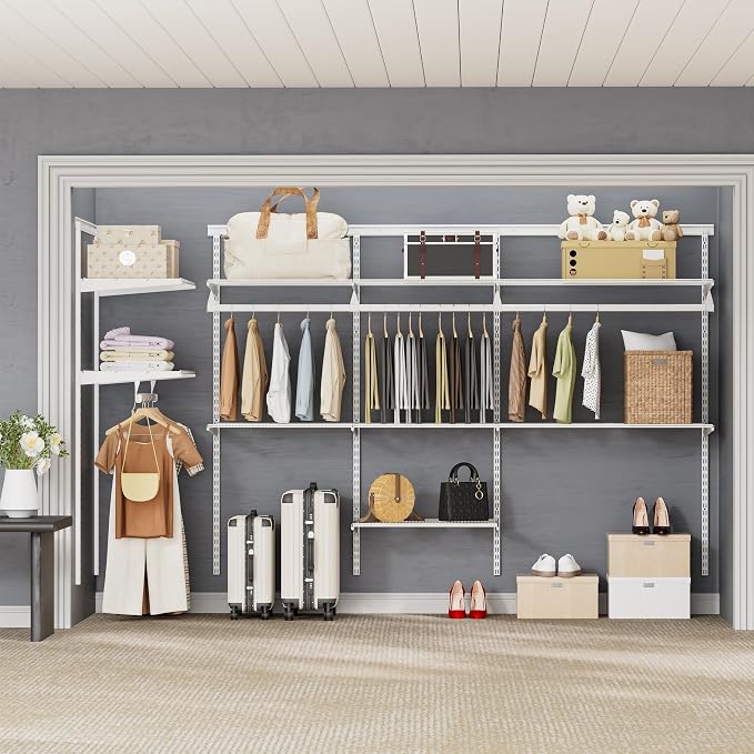 Closet System Wall Mounted 2-7.5 Ft, Heavy Duty Adjustable Wire Shelving with Hanging Rod, Custom Organizer Kit for Bedroom Laundry Mudroom, White