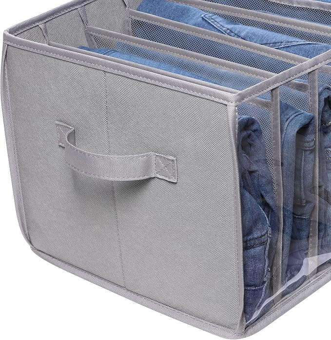 Zilink Upgraded Wardrobe Clothes Organizer with Support Board Clear Jeans Organizer for Closet with 7 Grids Divider Closet Drawer Organizer for Jean Pant Sweater Legging T-Shirt, 6 Pack, Grey
