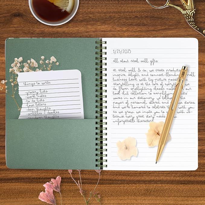 Steel Mill & Co Cute Green Mini Spiral Notebook, 8.25" x 6.25" Journal with Durable Hardcover and 160 Lined Pages, Woodland Floral