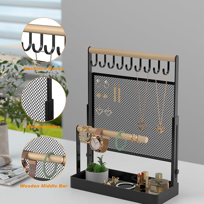 Jewelry Organizer Stand, Liftable Necklace Holder with Earring Organizer Net, 9 Hooks Necklaces Storage Wooden Handing Bar for Bracelets Watches Rings (Black)