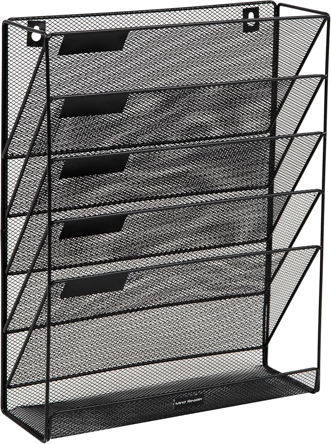 Mind Reader 5-Pocket Vertical File Storage, Desktop Organizer, Wall Mount, Office, Metal Mesh, Black