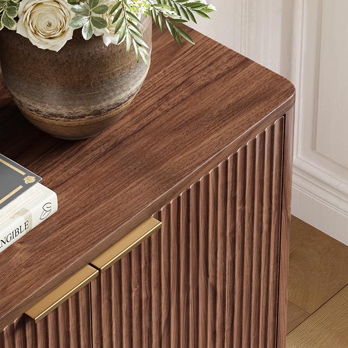 Evermagin 94.5" Fluted Walnut Buffet Cabinet with Storage | Mid-century modern wood sideboard, large credenza with 6 doors for kitchen or living room, 94.5"W x 31.5"H x 15.7"D