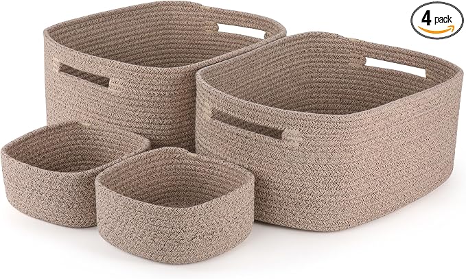 4-Pack Large Woven Rope Storage Baskets, 2 Sizes Organizer Bins | Fabric Cube Boxes and Rectangular Shallow Bins for Closet, Shelf, Bookshelf, Nursery, Changing Table, Bathroom, Toys & Home