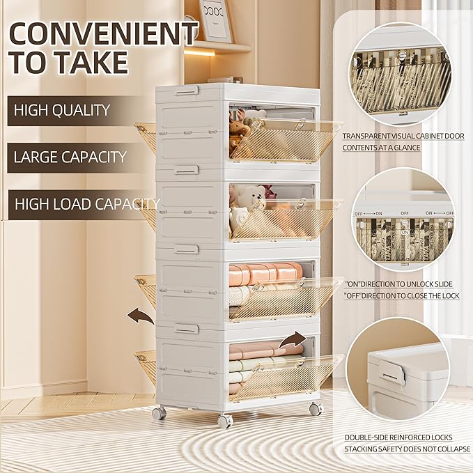 176 QT / 44 Gal Multi-Purpose Foldable Storage Cabinet - Transparent Dual Doors with 3-Stage Locking System, Heavy Duty Wheels, Simple Pull-to-Open Mechanism for Home/Office/Garage Organization
