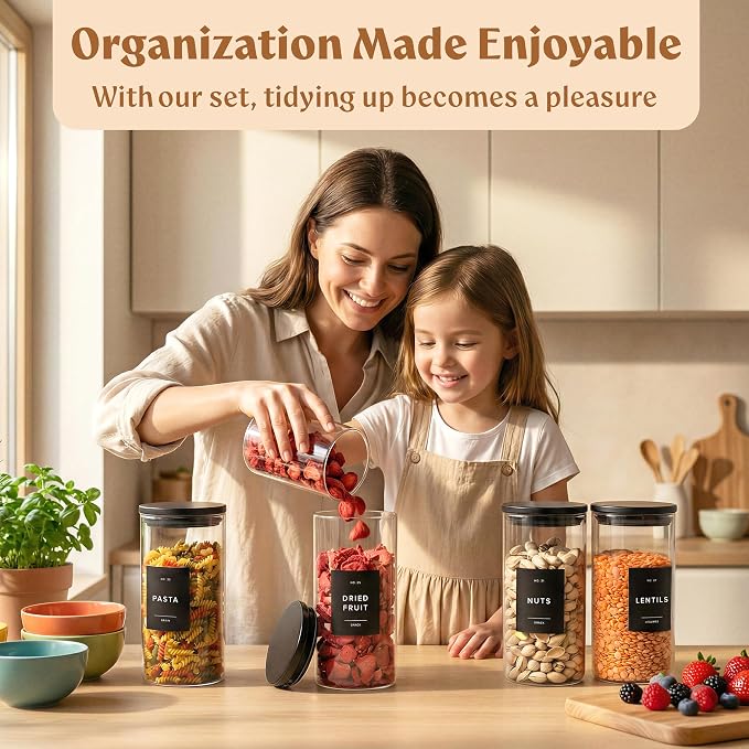 EDELHAUS Glass Storage Containers with Black Lids [4x40oz] Extra Thick Glas with 54 Labels - Canister For Pantry Noodles Flour Cereal Rice Sugar Tea Coffee Beans - Round Set
