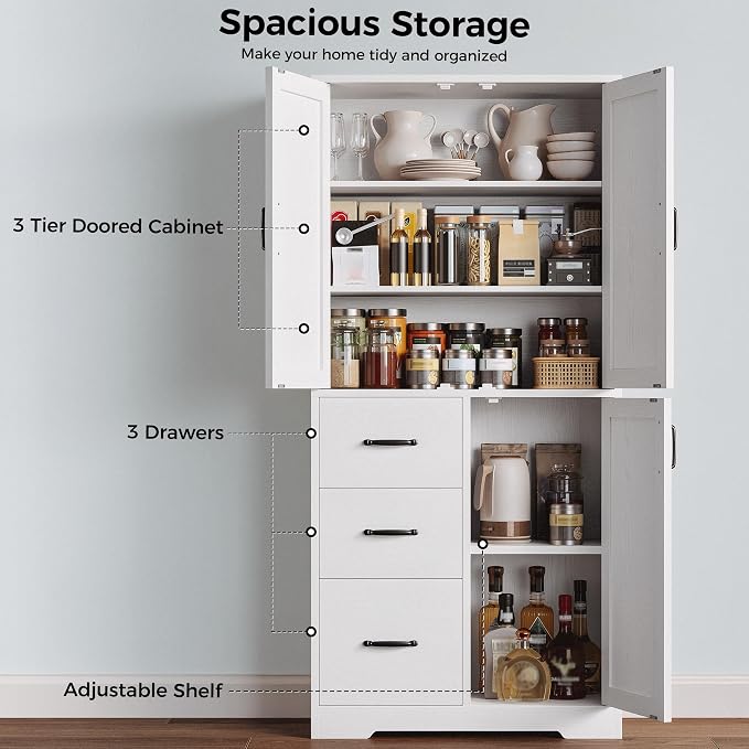 IRONCK Pantry Cabinet, 67.5 inch Tall Storage Cabinet with 3 Doors & Drawers, Farmhouse Kitchen Cabinet with Adjustable Shelves, 5 Tier Freestanding Cupboard for Kitchen, White