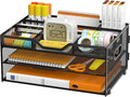 3 Tier Metal Desk Organizer with Magazine File Holder, Black | Space saving workspace desk file trays. Includes pencil holder and portable handles. Ideal for school and office supplies