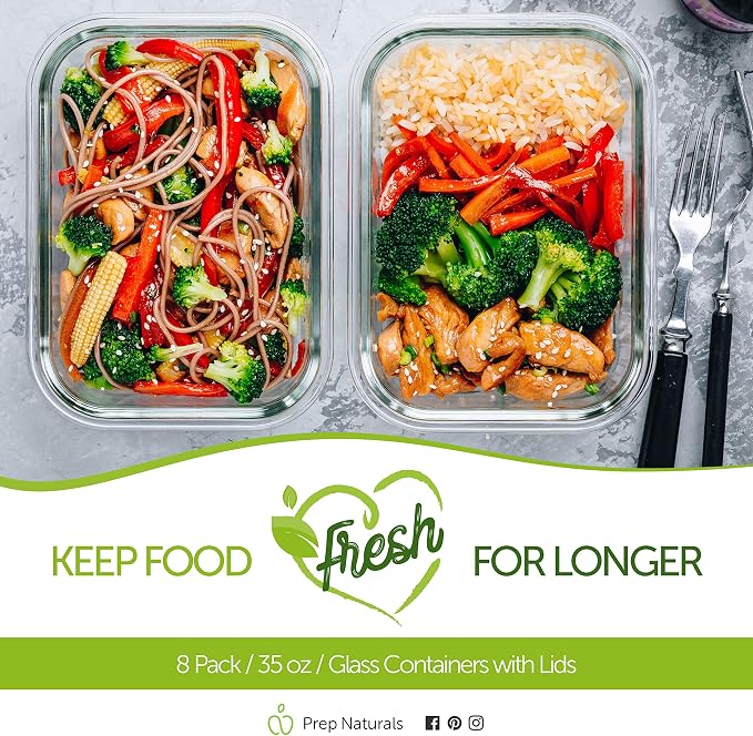 PrepNaturals 8 Pack 36 Oz Glass Meal Prep Containers - Dishwasher Microwave Freezer Oven Safe - Glass Storage Containers with Lids (Multi-Compartment) | Square Borosilicate Glass Meal Prep Containers - Airtight Leak-Resistant Lids, Microwave, Oven & Fr...