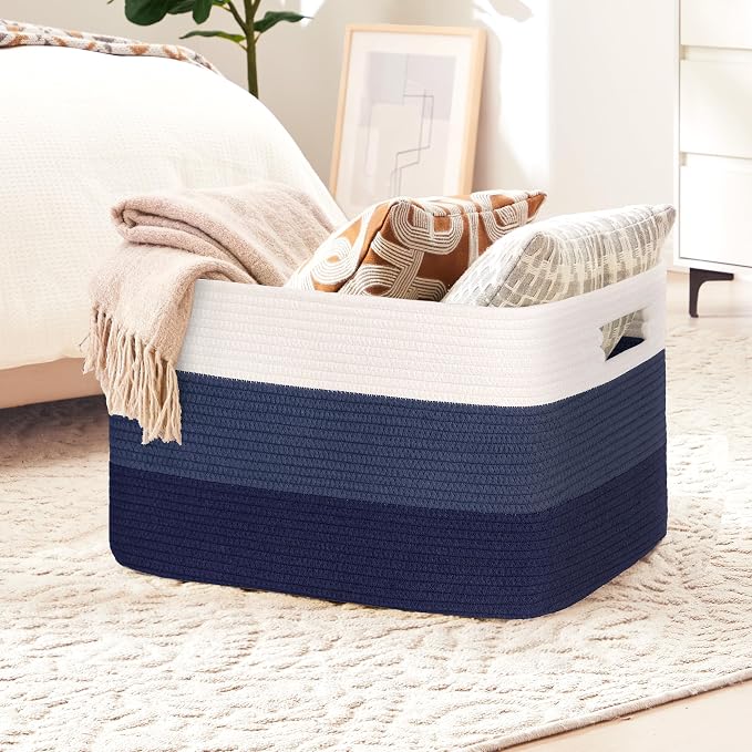 60L Woven Laundry Basket Hamper with Handles, Gradient Blue | 21"x15"x11", collapsible wicker hamper, storage for dirty clothes, toys, blankets, gifts, living room, bedroom, bathroom