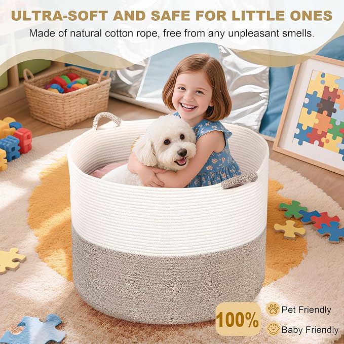 XXXXL 125L Extra Large Blanket Basket, 24.8" x 16" Jumbo Woven Basket (Includes 2 Cute Baskets), Cotton Rope Basket with Handle for Living Room, Baby Toys Nursery, Laundry (White/Gradient Brown)