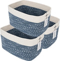 XUANGUO White and Blue Cotton Rope storage Basket Bins Woven Basket for Organizing Shelves 15X10X9.3“ Rectangle Decorative Baskets For storage Books Towels Wicker Nursery basket organizer Set of 3