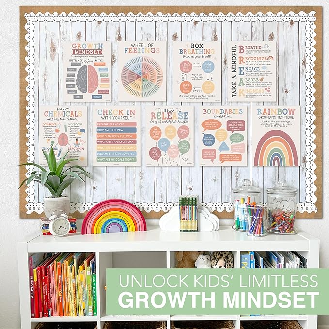 Hadley Designs 9 Mental Health Posters for Classroom - School Counselor Office Must Haves, Mental Health Therapy Office Decor, Growth Mindset Posters, Wheel of Feelings Chart, Boho Classroom Decor