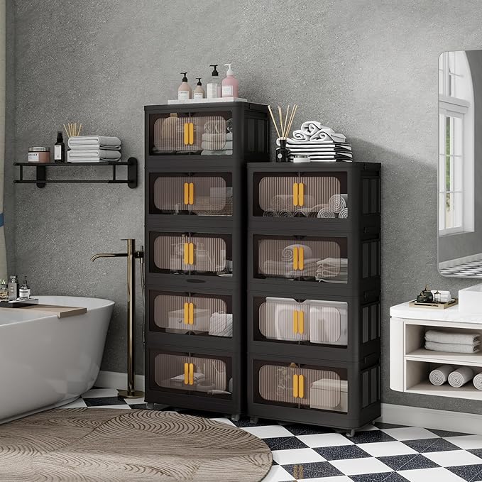Foldable Storage Cabinet，Plastic Cabinet，Stackable Storage Bins， Open Front with Magnetic Door and Wheels (Extra Large-5Tiers)