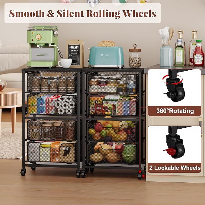 Rolling Cart with Drawers, Utility Storage Cart with Lockable Wheels, Metal snack cart, Under Desk Storage for Office, Kitchen, Craft, and Art Supplies, Black