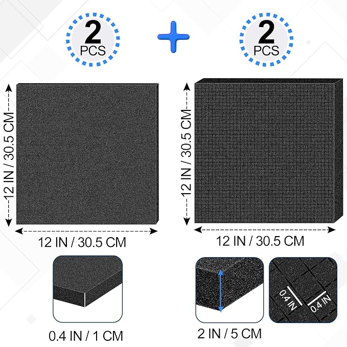 4 Pcs Pick and Pluck Foam Sheets 2 Size Polyurethane Pick Apart Foam Inserts Pads with Bottom Use for Camera, Interlocking Case, Tool Box, Storage Drawer (2P 12" x 12" x 0.4", 2P 12" x 12" x 2")